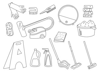 Household supplies and cleaning tools collection in doodle style, vector illustration with brushes, rags, vacuum cleaners isolated on white background.	