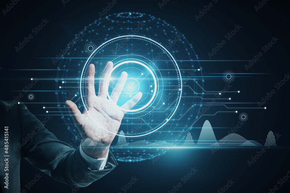 Poster close up of businessperson hand pointing at abstract glowing polygonal sphere and digital business i