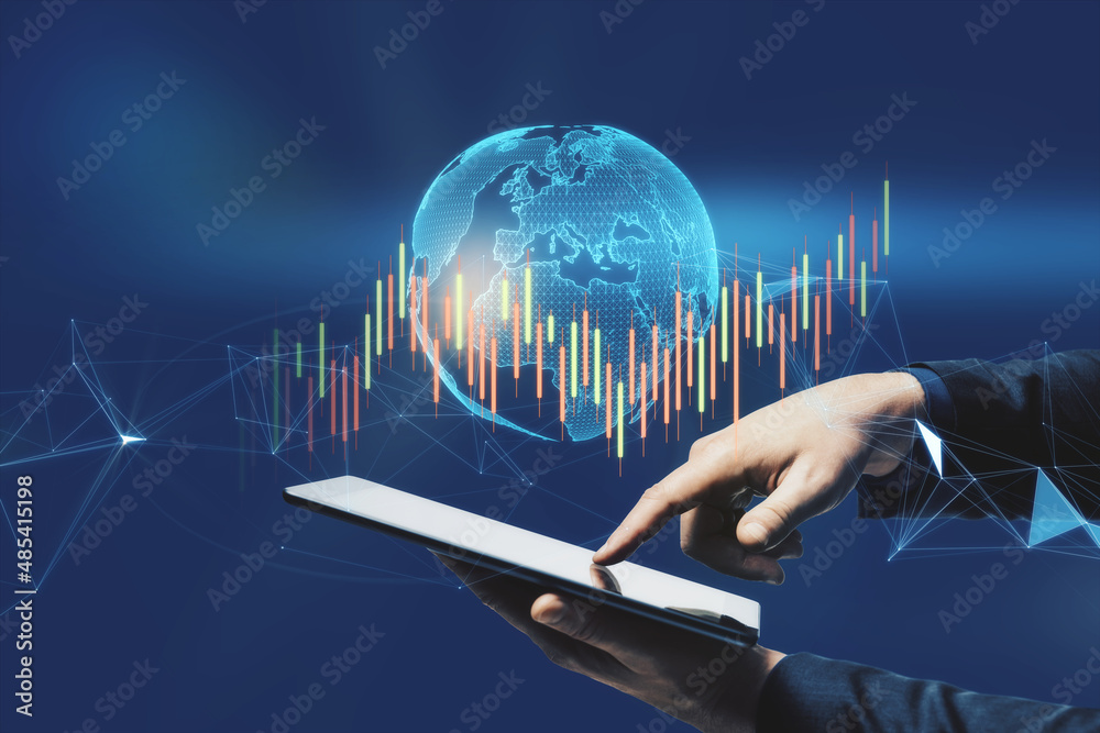 Aufkleber close up of businessman hand pointing at tablet with glowing polygonal globe and candlestick forex c