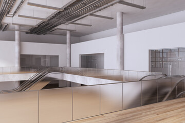 Obraz premium Simple wooden and concrete empty shopping mall interior with escalator. Large public interiors concept. 3D Rendering.