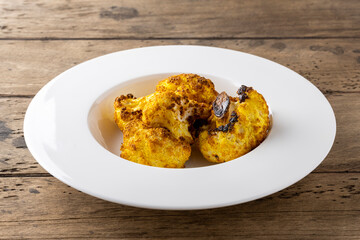 baked cauliflower with curry on white plate