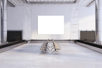 Modern airport waiting area concrete hallway interior with blank white mock up poster, seats and columns. 3D Rendering.