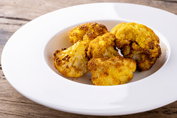 baked cauliflower with curry on white plate