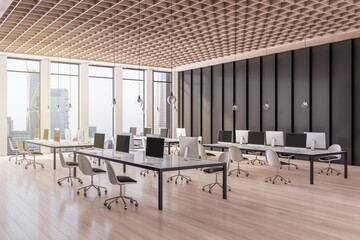 Luxury wooden coworking office interior with window and city view, equipment and furniture. Workplace concept. 3D Rendering.