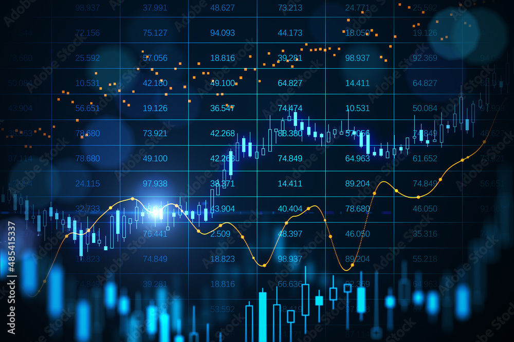 Poster abstract glowing big data forex candlestick chart on blurry background. trade, technology, investmen