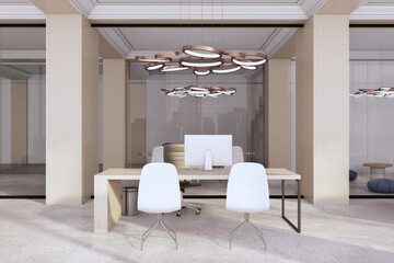 Congtemporary classical concrete and wooden office room interior with furniture and equipment. 3D Rendering.
