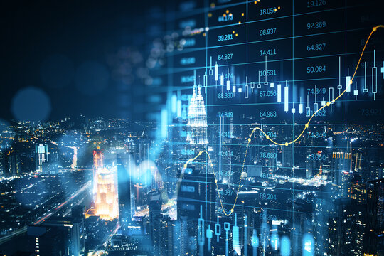 Abstract glowing big data forex candlestick chart on blurry city background. Trade, technology, investment and analysis concept. Double exposure.