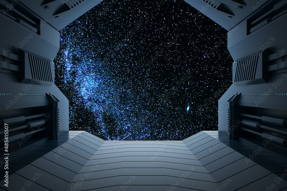 Aufkleber Creative spaceship with bright starry sky view. Mock up place. Universe and fantasy concept. 3D Rendering.