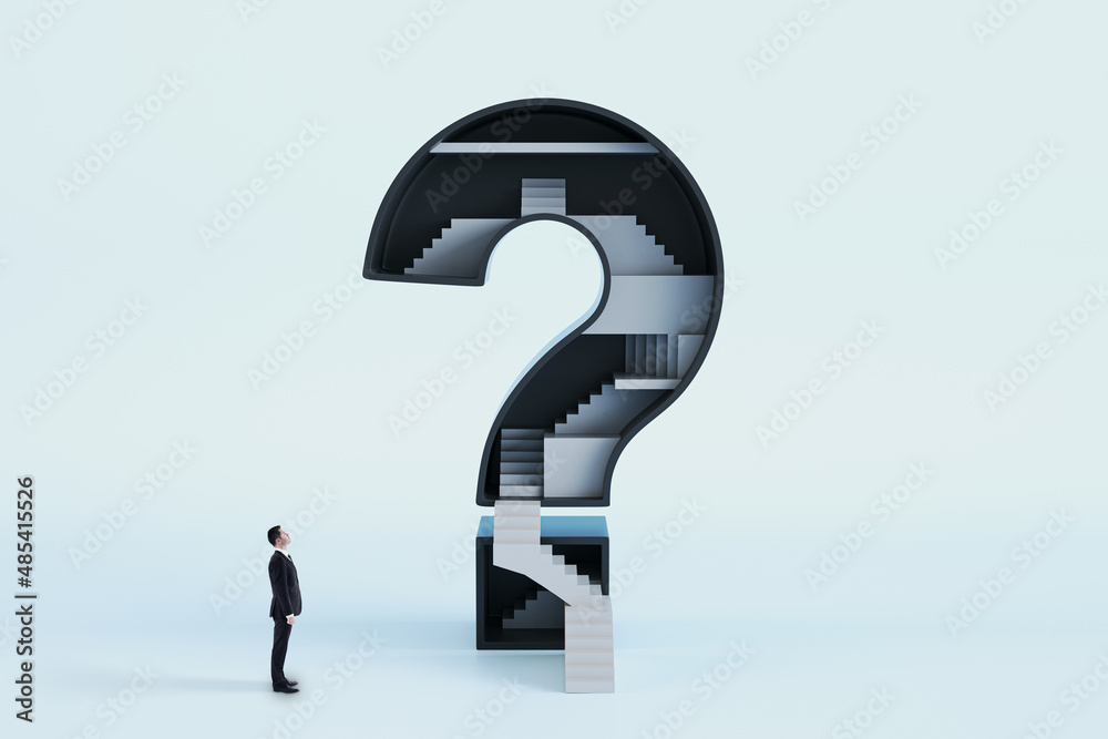 Poster Businessman looking at abstract question mark with stairs inside on white background. Challenge and career growth concept.