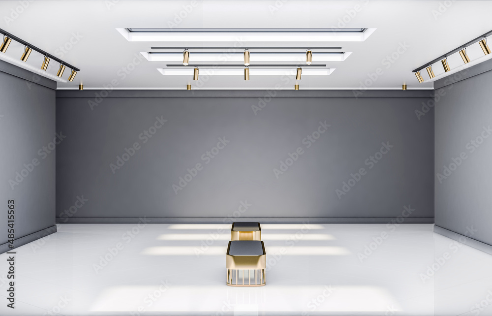 Poster front view on stylish benches in empty exhibition hall with glossy white floor, blank grey walls and