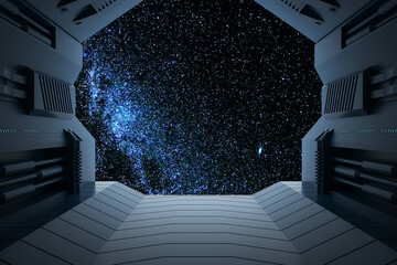 Creative spaceship with bright starry sky view. Mock up place. Universe and fantasy concept. 3D Rendering. © Who is Danny