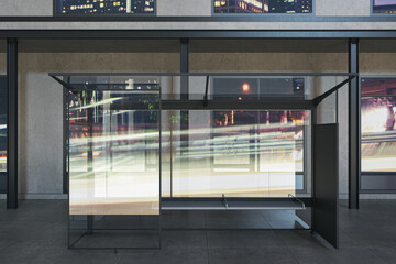 Modern glass bus stop with city reflections and daylight. Transport and urban concept. 3D Rendering.