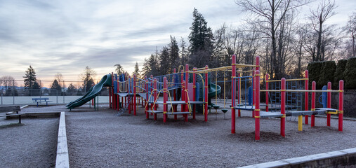 Empty playground during a frosty winter morning. Located in Fraser Heights, Surrey, British...