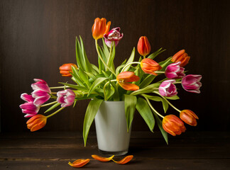 pink and orange colored tulips in vase in front of a dark brown wooden wall