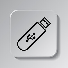 Usb flash drive simple icon vector. Flat desing. Black icon on square button with shadow. Grey background.ai