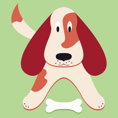 Vector graphics - a cute spotted puppy with hanging ears stands isolated in front of an appetizing bone. Concept - proper nutrition of dogs