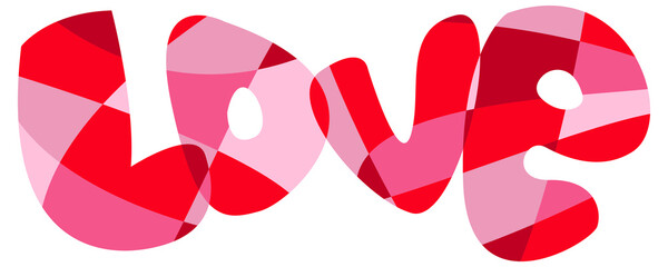 Vector graphics - the word love - hand-written in the style of a collage of pink and red flowers isolated close-up. Concept - Valentine's Day