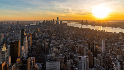 New York City Cityscape with skyscaper at sunset, taken from the empire state building, united states
