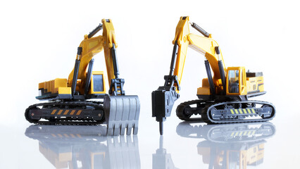 Yellow toy excavator and hydraulic hammer on a light background with reflection. Construction equipment. The concept of construction and landscaping works. Copy space for inscription