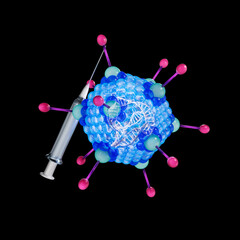 Adenovirus as a viral vector can be used for gene therapy and the development of vaccines. It has an icosahedral capsid and a double-stranded DNA inside. 3d illustration