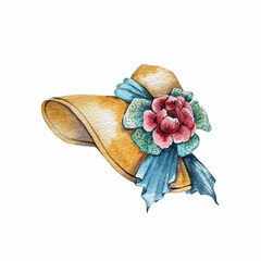 Summer women's hat with flowers and bows. Watercolor drawing.