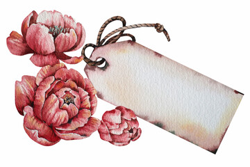 Watercolor flower arrangement with card. Frame for text, congratulations.