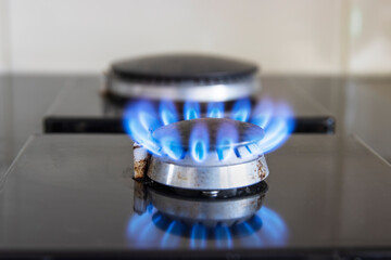 Gas burner on a stove selective focus
