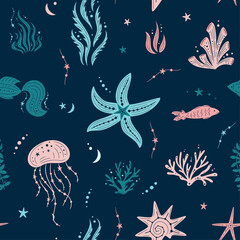 Seamless pattern with seashells, seaweed, fish, corals, jellyfish and starfishes. Marine dark blue background. For printing, fabric, textile, manufacturing, wallpapers. Under the sea