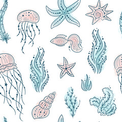 Seamless pattern with seashells, seaweed, fish and starfishes. Marine life on white background. For printing, fabric, textile, manufacturing, wallpapers. Under the sea