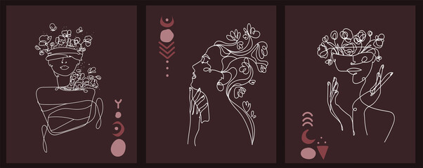 Surreal Faces,abstract women with flowers.Line art posters collection,female characters with growing flowers in their head with accult signs.Modern art.Vector beauty and fashion design