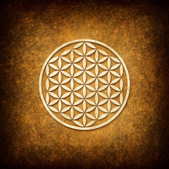 Symbol of the Flower of Life on a background of an artistic texture of an old brown paper or parchment with darkened edges in a square format. Digital illustration