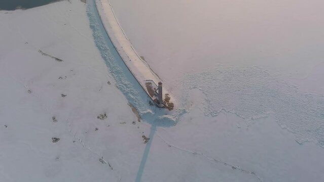 Aerial view of the lighthouse and Boat on the Kiev sea in Vyshgorod, Kyiv district, Ukraine