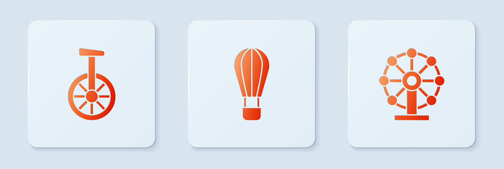 Set Hot air balloon, Unicycle or one wheel bicycle and Ferris. White square button. Vector © Oksana