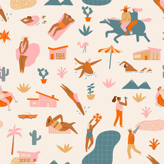 Palm springs Mid century modern funny seamless pattern with cartoon characters, tourists, Marlin Monroe and other attractions. Vector illustration - 485419106
