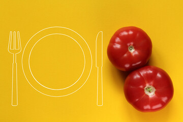 Pomidory i zastawa stołowa. Tło - obrazy, fototapety, plakaty