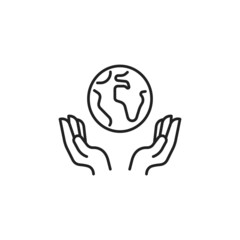Save the planet. Hands holding globe, earth icon. High quality black vector illustration.