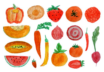 set of hand drawn healthy vegetables and fruit watercolor