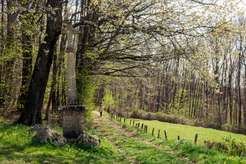 Fototapeta premium chemin à la campagne avec une croix ancienne en pierre et une petite fille se promenant