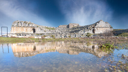 reflection of Miletus ancient theater from rain water,Soke,Aydin,Turkey