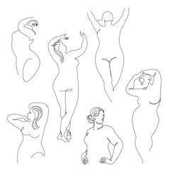 Collection. Beautiful woman figure silhouette in modern single line continuous style. The girl is fat and overweight. The lady is standing. Set of vector illustrations.