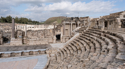 Partial view of the most impressive and best preserved 7000 seats Roman Theatre at Beit Shean National Park, Jordan Valley, Northern Israel, Israel 