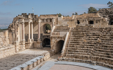 Partial view of the most impressive and best preserved 7000 seats Roman Theatre at Beit Shean National Park, Jordan Valley, Northern Israel, Israel 