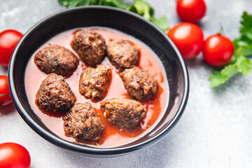 meatballs tomato sauce meat beef veal pork fresh portion dietary healthy meal food diet still life snack on the table copy space food background rustic top view keto or paleo diet