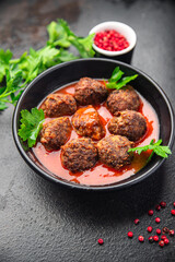 meatballs tomato sauce meat beef veal pork fresh portion dietary healthy meal food diet still life snack on the table copy space food background rustic top view keto or paleo diet