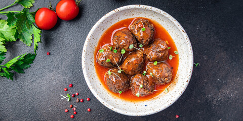 meatballs tomato sauce meat beef veal pork fresh portion dietary healthy meal food diet still life snack on the table copy space food background rustic top view keto or paleo diet