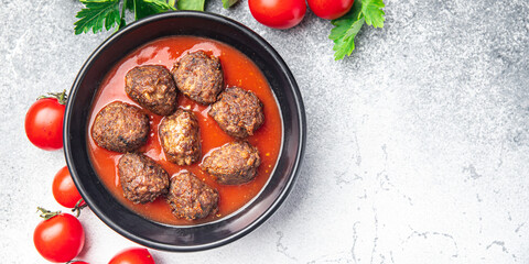 meatballs tomato sauce meat beef veal pork fresh portion dietary healthy meal food diet still life snack on the table copy space food background rustic top view keto or paleo diet