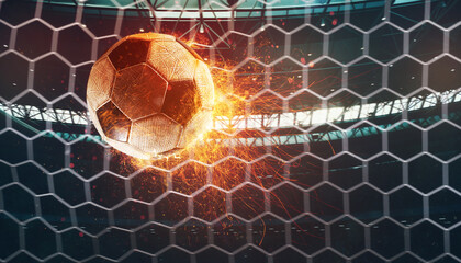 Close up of a fiery soccer ball kicked with power at the stadium scoring a goal