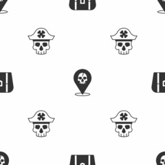 Set Antique treasure chest, Location pirate and Pirate captain on seamless pattern. Vector