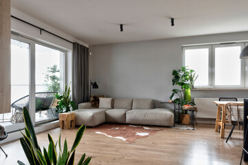 Interior of modern living room with large window, comfortable sofa and leather on wooden floor. New, cozy apartment with empty wall and green plants. Home design.