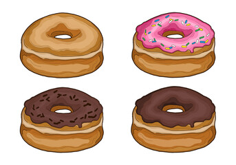 Set of Donut American Pastry Pattiserie Chocolate Strawberry Glazed Flavor Colorful Vector Illustration